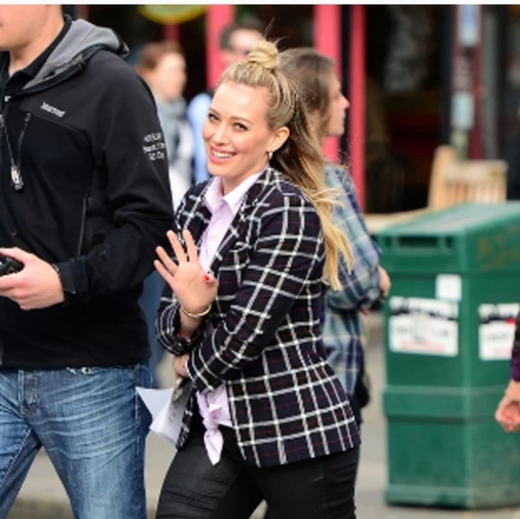 Alice + Olivia Savetta Plaid Windowpane Lamb Leather Elbows Blazer Navy Large - Picture 7 of 16